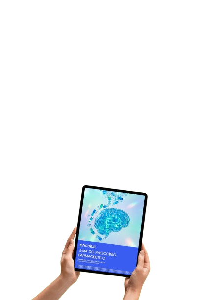 Mockup do guia Raciocínio Clínico Farmacêutico na Oncologia em formato de livro e tablet